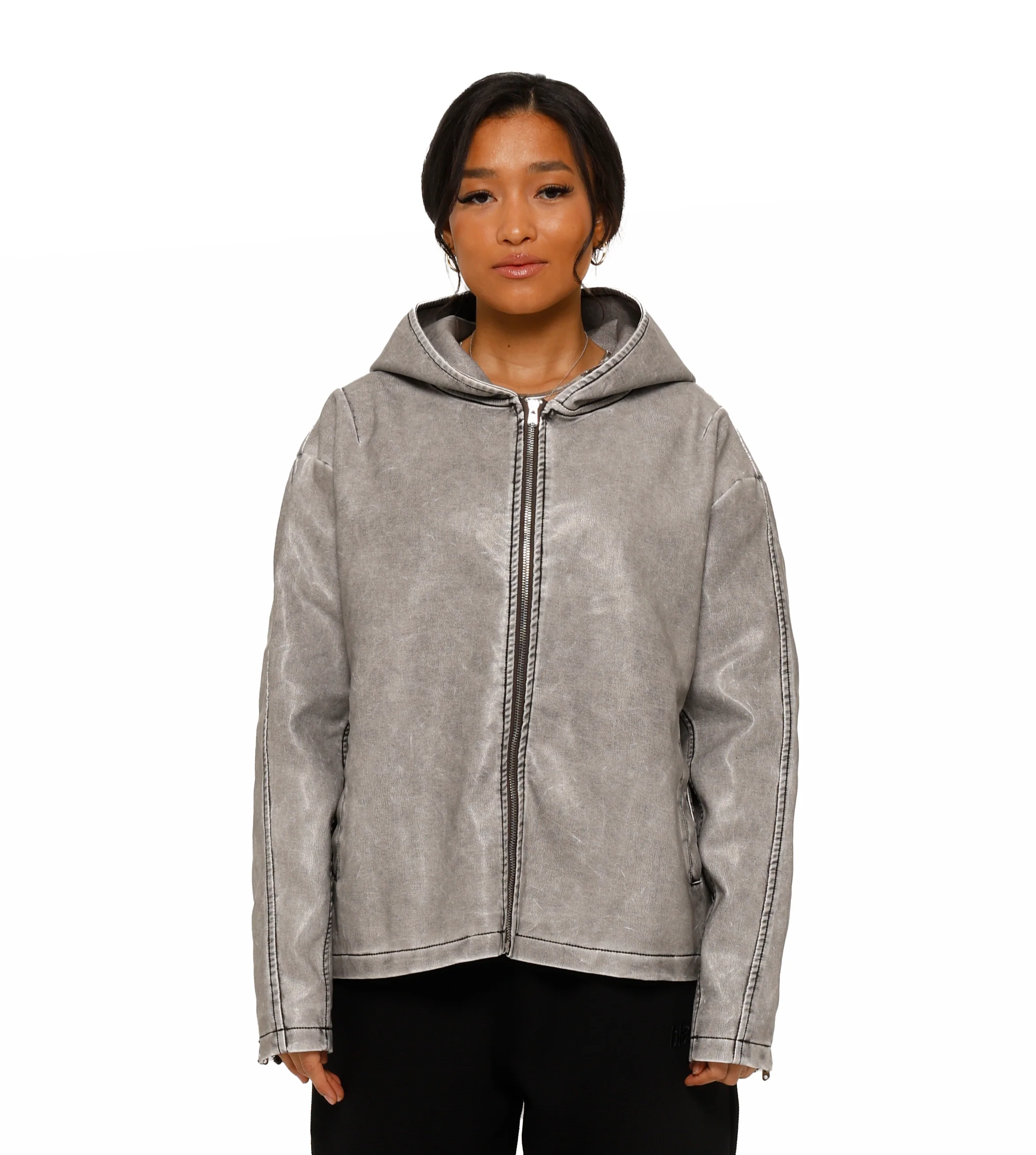 BLANCS HOODED LEATHER JACKET - GREY - Image 3
